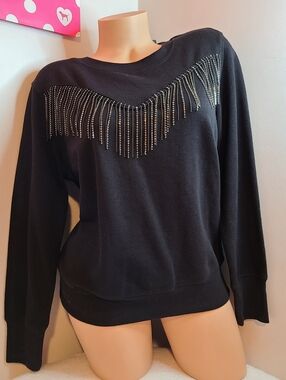 Maurice's Black Rhinestone Fringe Crewneck Sweatshirt Size Sm